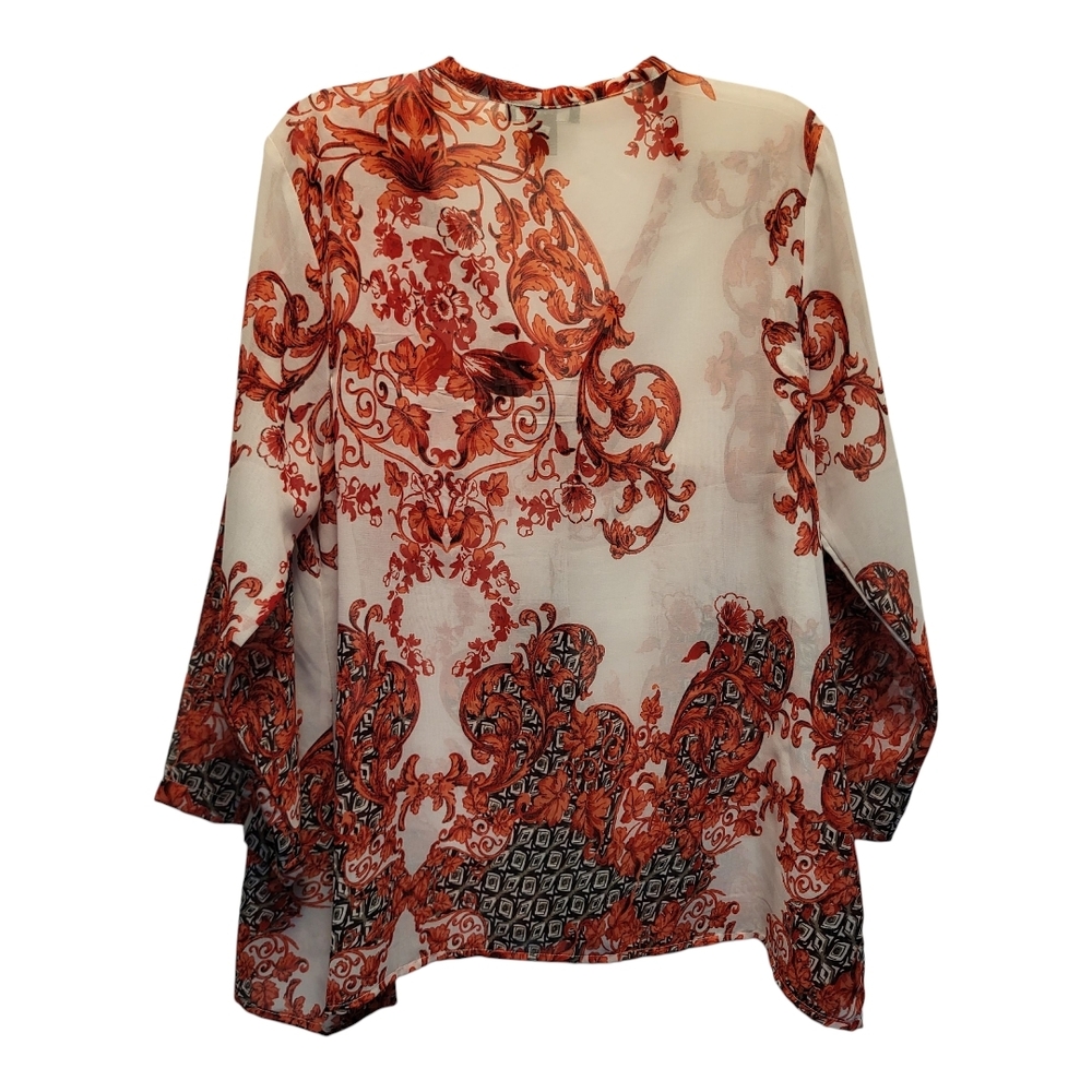 Kaktus Elegant Red and White Semi-Sheer Long Sleeved Patterned Blouse - Size XL - Picture 2 of 7